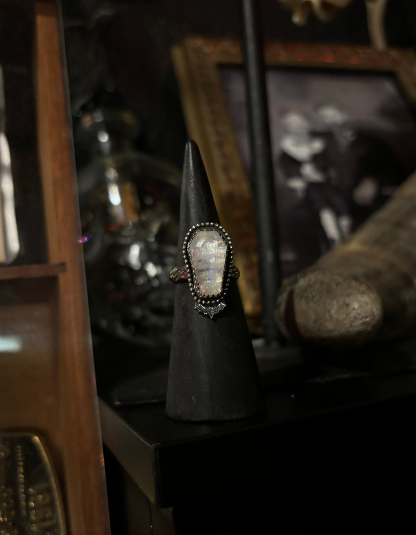 Sterling Silver Moonstone Coffin Ring, size 6.75