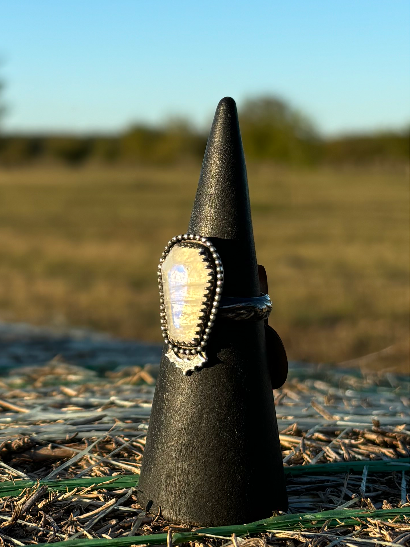 Sterling Silver Moonstone Coffin Ring, size 6.75