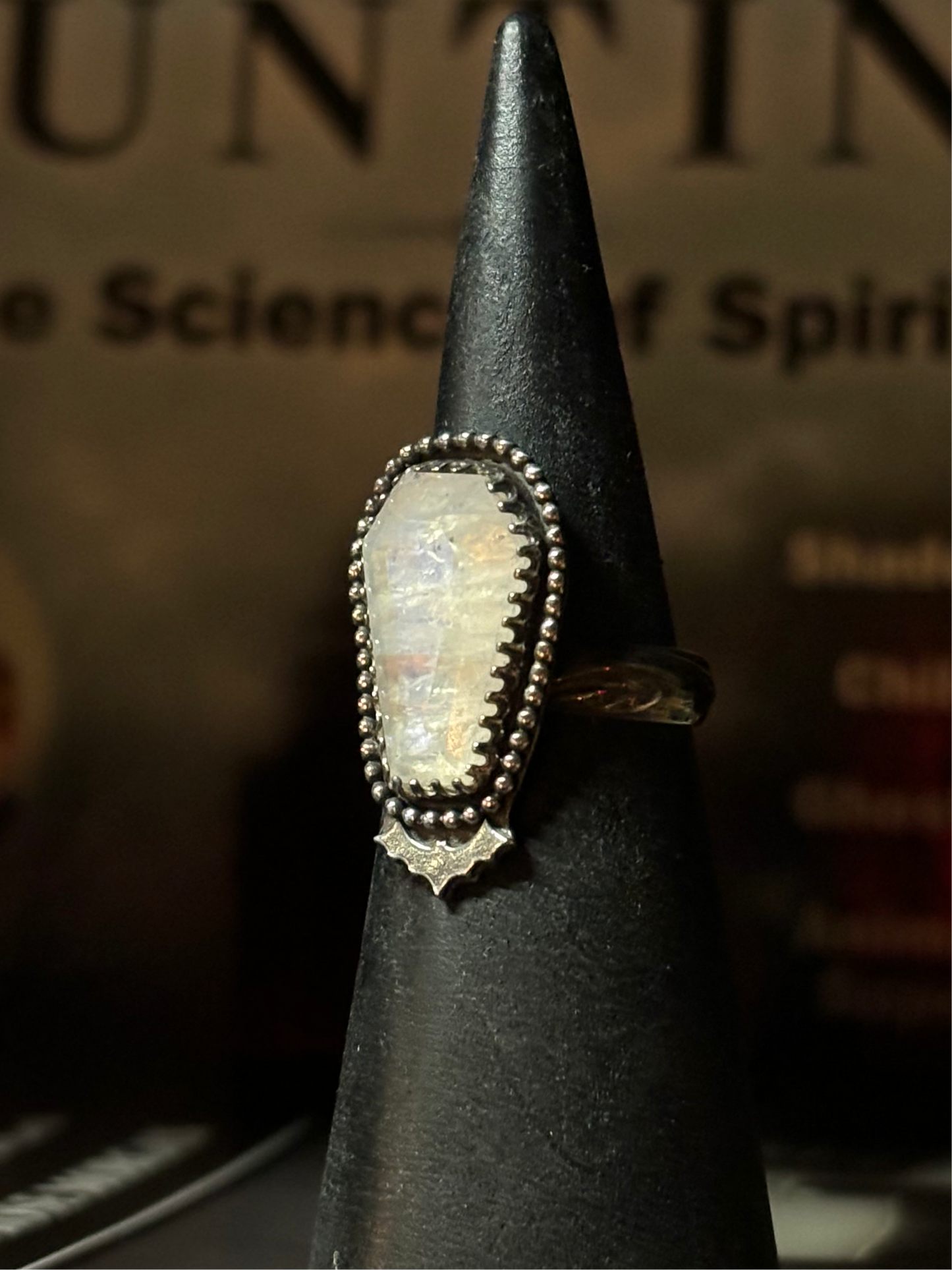 Sterling Silver Moonstone Coffin Ring, size 6.75